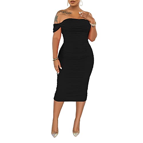 PINSV Women Ruched Off Shoulder Dress Bodycon Party Elegant Midi Dresses