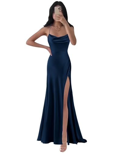 BOLENSYE Satin Prom Dresses Long Spaghetti Strap Bridesmaid Dress Wrap Slit Silk Evening Party Gown