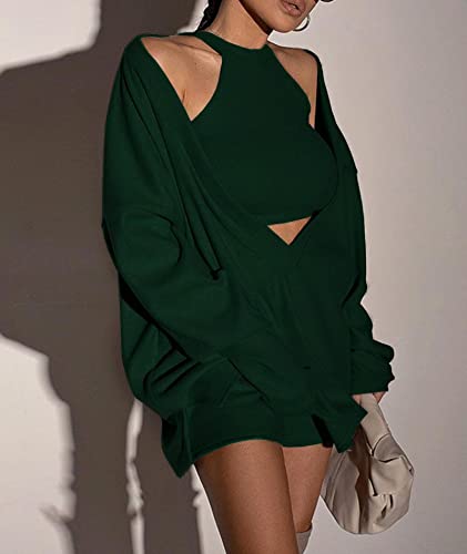 Image of ECDAHICC Women's Two Piece Outfits Knitted Halter Neck Crop Tank Tops and Oversized Off Shoulder Deep V Neck Pullover Sweater