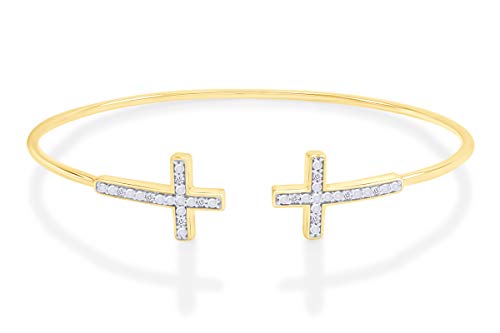 THE JEWEL ZONE White Natural Diamond Double Cross Bangle Bracelet in 14K Gold Over Sterling Silver (1/10 Ct) Size - 7 Inch