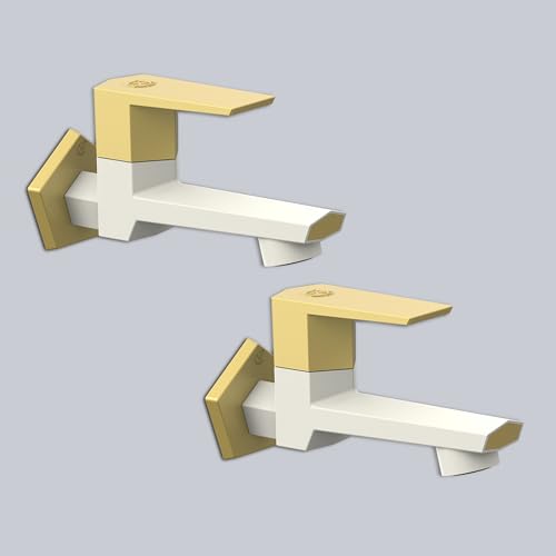 Image of RN PTMT Long Body Bib Cock for Bathroom | 15mm Long Body Foam Flow Water Tap with Flange | Luxury G20 Collection Faucet | High-Grade Engineering Polymer Tap (Ivory Bright Gold Dual, Pack of 2)