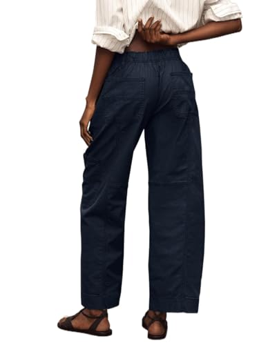 Fisoew Womens 100% Cotton Cargo Pants Drawstring Elastic Waist Casual Hiking Work Pants with Multiple Pockets3