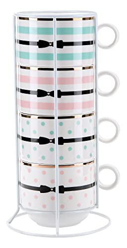 Miss Etoile Lot de 4 tasses à café empilables pour café Love avec support, tasses à cappuccino, tasses à café en porcelaine anglaise