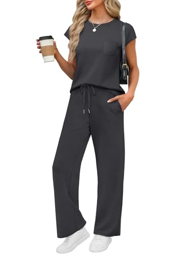 Image of WIHOLL 2 Piece Sets for Women Casual Summer Travel Vacation Outfits Cap Sleeve Lounge Set