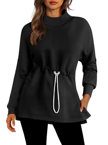 Image of Doshoop Women's Turtleneck Sweatshirts Long Sleeve Pullover Tops Side Slit Tunic Shirts with Drawstring Waist