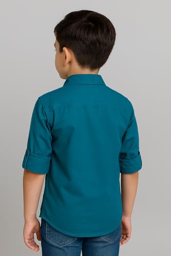 Image of Boys Kids Turquoise Blue Cotton Shirt, Long Roll-Up Sleeves, Party, Age 2-11 Years