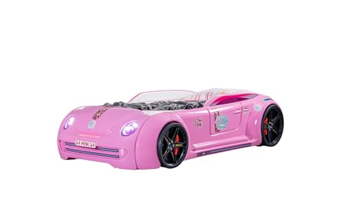 Generico Lit de voiture Pink Love pour filles 90 x 190 cm - Design rose avec éclairage LED, télécommande, carrosserie ABS, sûr et certifié, style princesse, avec...