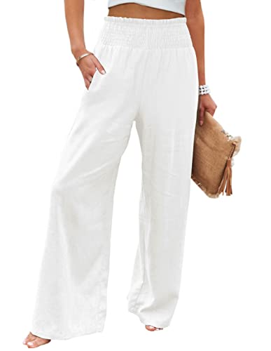 FMEYOA Women Wide Leg Pants High Waisted Cotton Palazzo Pants Work Long Trousers with Pockets(White,Small)