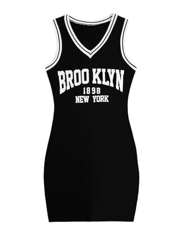 Image of SOLY HUX Women's Letter Graphic Print Color Block V Neck Sleeveless Bodycon Mini Dress