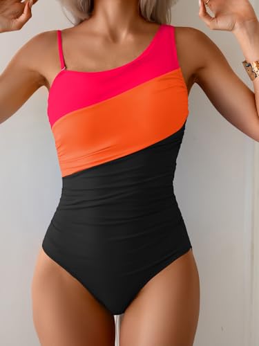 Image of Aidonger One Shoulder One Piece Swimsuit for Women Tummy Control Bathing Suits Color Block Ruched Swim Suit Slimming Swimwear