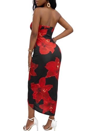 Image of Umenlele Women's Strapless Ruched High Waist Wrap Split Asymmetrical Beach Maxi Long Dress