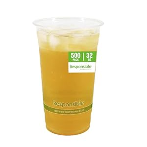 32 oz Clear Cold Cups, Certified Compostable and Made from 100% American Biobased Materials, No-PFAS Added & BPA-Free (500 Count)