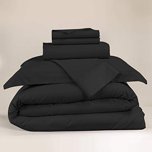 Nestl Duvet Cover 6-Piece Set - Tri-Blend Cotton Deep Pocket Fitted Sheet, Zipper Duvet Cover, 2 Cool Pillow Cases, 2 Pillow Shams - Queen, Black #TOP2
