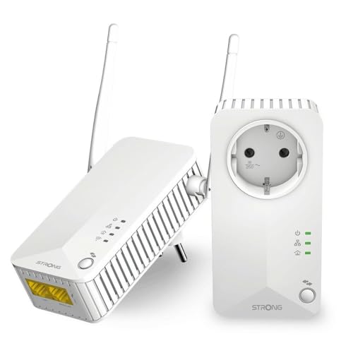 Strong Av600 Powerline - Set Adattatore Con Presa Elettrica, Wlan 300 Mbit/S, Homeplug Av2 Powerline Internet, Plug & Play, Un Pulsante Di Sicurezza, 