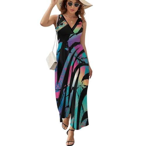 Robe longue d'été vintage col V sans manches pour femme style maxi décontracté