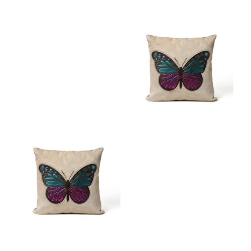 MOUSM Real Leather Cushion Cover Engrave Design Cut of Butterfly havingTeal and Pink Metalic Leather Inlay on White Real Hair-on Set of (2)