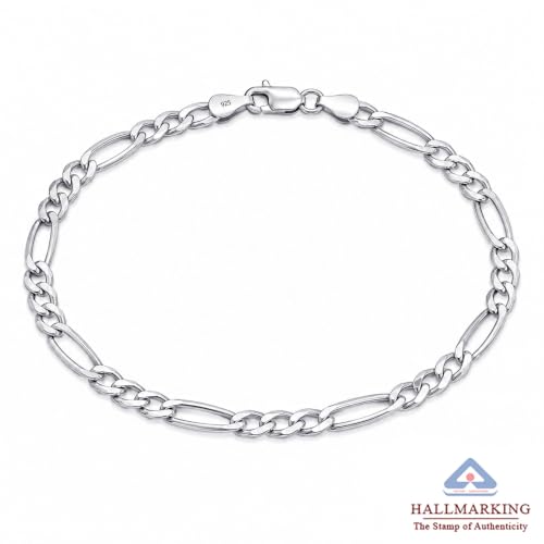 Image of TRUESILVER ACPL Solid 925 Sterling Silver Figaro Link Chain Bracelet | Italian Diamond-Cut 4MM Figaro Chain Bracelet for Women Men (7, 7.5, 8, 8.5, 9 Inches)