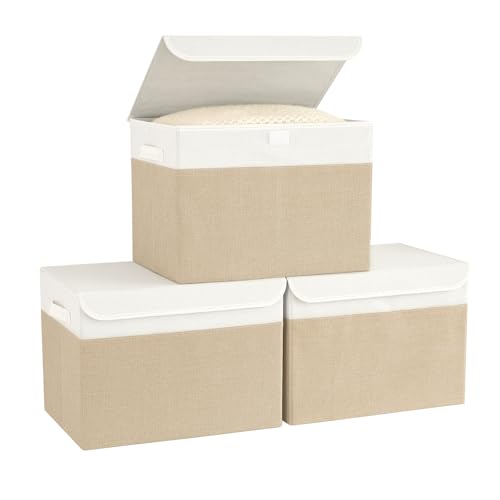 Bagnizer Lot de 3 grandes boîtes de rangement pliables en tissu avec couvercles et poignées pour vêtements, jouets, armoire, chambre à coucher, bureau,...
