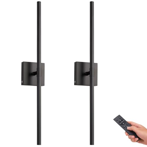 Battery Operated LED Wall Sconces Set of Two, 25" Wireless Dimmable Black Wall Lights with Remote Control, 3 Color Stepless Dimming 360° Rotate Wall Lamp for Living Room Bedroom Stairs Hallway