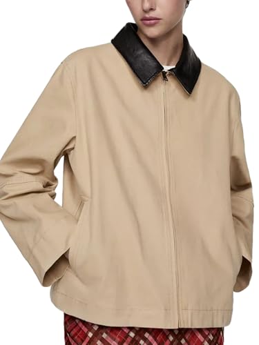 Women Barn Jackets 2025 Fall Trendy Contrast Collar Jacket Coat Casual Oversized Zip-Up Outerwear with Pockets2