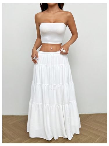 SOLY HUX Women's Summer 2 Piece Outfits Bandeau Tube Top and Ruffle Hem Long Skirt Set4