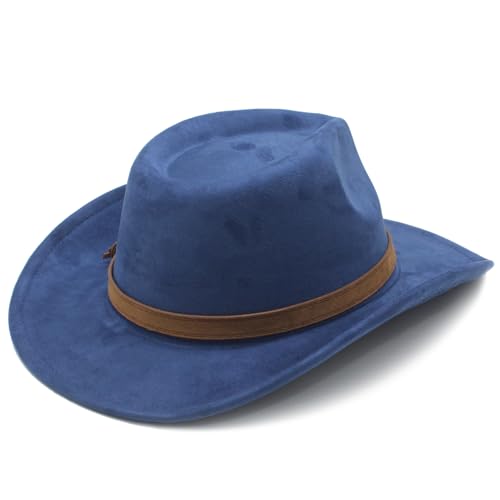 Image of Unisex Western Suede Cowboy Cowgirl Hat Classic Wide Brim Fedora Hat for Men &Women