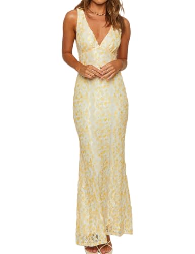 Image of Elegant Lace Floral V Neck Backless Bodycon Dresses for Women Sexy Cut Out Low Back Sleeveless Maxi Dress Wedding Guest