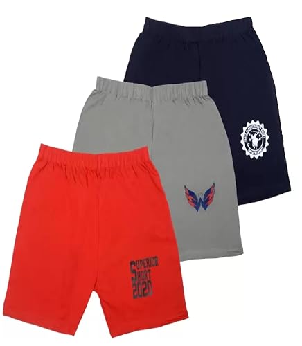 Image of Boys Cotton Shorts, Pack of 3, Black, Grey, Red, Elastic Waistband