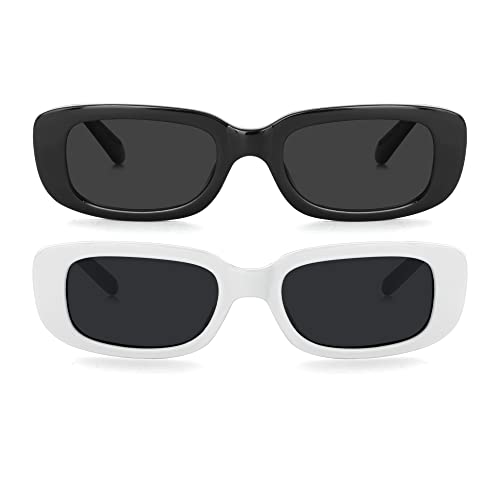 Teumire Retro Rectangle Sunglasses for Women Men Small Square Frame Sun Glasses 2 Pack (Black/Black + White/Black)