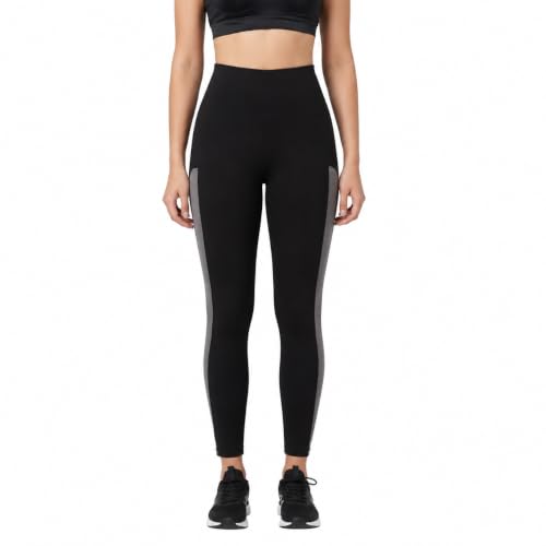 Image of Women's High-Waist Sports Leggings, Black with Grey Side Panel