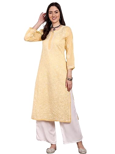 Image of Ada Women's Cotton Straight Fit Straight Hand Embroidered Lucknowi Chikankari Kurta Kurti A411165