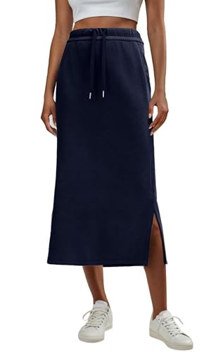 GRECERELLE Womens Maxi Thick Skirts Fall Winter Anti-Wrinkle Casual High Waisted Adjustable Drawstring Skirt with 2 Deep Pockets & Side Slit (Navy Blue, L)