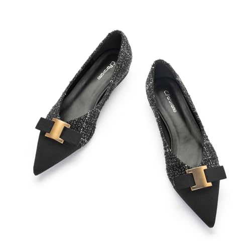 C.Paravano Women's Pointed Toe Ballet Flats with Bow Slip-On Dressy Flats for Women Comfortable Elegant Casual Shoes for Work Part Daily Wear(Black&White,Size 8)