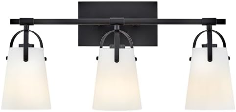 Hinkley Foster Medium Three Light Bath Vanity, Etched Opal Glass Shades, Arched Handle, Install Up/Down, Black Finish