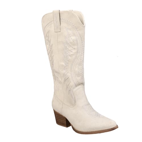 Image of Women's Western Cowboy Boots - Embroidered Ankle Booties with Chunky Block Heel, Side Zipper Suede Cowgirl Boots for Country Concert