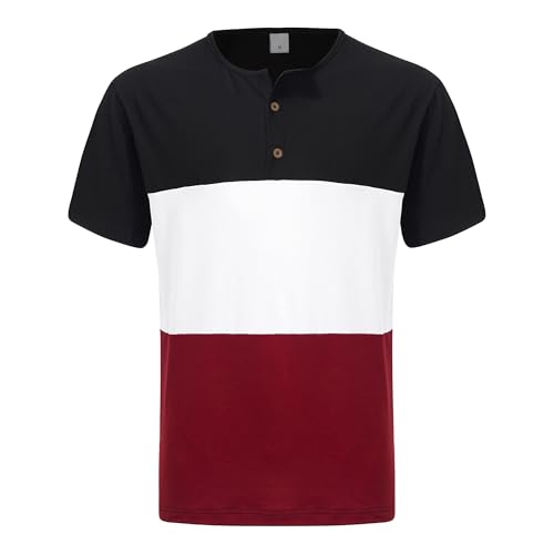 Men Tri-Color Stitching 2 Button T Shirt Slim Lightweight Sport Henry Shirts Summer Casual Exercise Pullover Tops (Style2,Large)