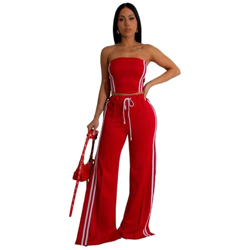 Women's Fashion 2 Piece Going Out Outfits Sexy Bodycon Tube Crop Top Drawstring Wide Leg Flared Long Pants Set