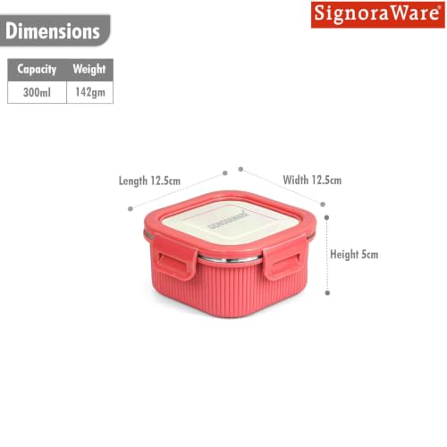 Image of Signoraware Lock N Store Microsafe Steel Square Container+ Lid(300ml, Red)