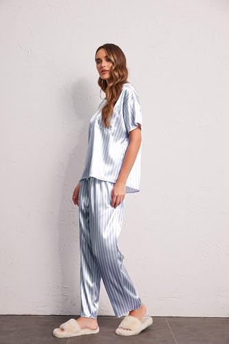 Image of Ekouaer Womens Satin Silky Pajama Set Short Sleeve Shirt with Long Pajama Pant Set Soft PJ Loungewear