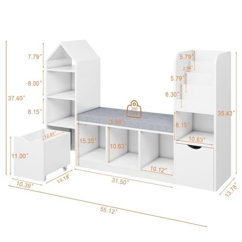 Vabches Kids Bookcase and Bookshelf with Reading Nook, Multifunctional Bookcase with 7 Storage Cubbies 2 Movable Drawers, Bookcases with Seat Cushion for Toy Storage Organizer Children's Room, Bedroom