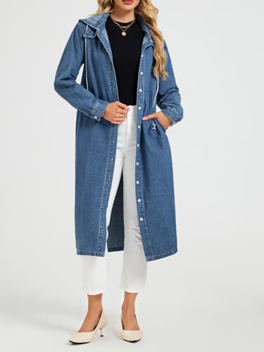 Women's Long Denim Jackets Maxi Trench Coat Jean Jacket with Drawstring Detachable Hoodie4