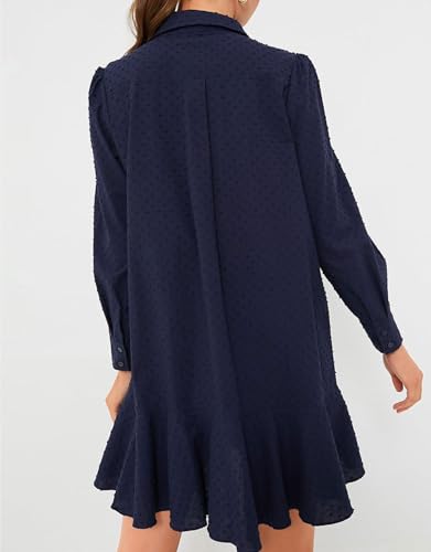Image of YEXPINE Tunic Mini Dresses for Women Button Down Smocked Short Dresses Long Sleeve Swiss Dot Callahan Shirt Dress, Large