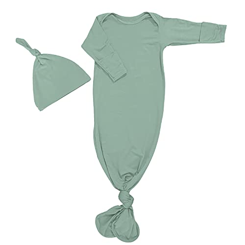 Image of Yaana Banana Newborn Baby Gown Bamboo Cuffed Sleeve Knotted Gown and Sleepwear for Baby Boy and Baby Girl with Hat Green, 0-9 Months