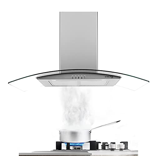 36" Range Hood, GASLAND Chef GR36SP Wall Mount Vent Hood with Tempered Glass 36 inch, 3 Speed 450 CFM Ducted Kitchen Hood with LED Light, Push Button Control, Adjustable Chimney, Aluminum Filter