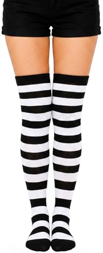 BAOKELAN Women Over Knee High Socks Striped Thigh High Socks Black+White