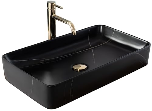 Rea Lavabo sobre Encimera Denis Black Stone Mat Lavabo de baño 610 x 350 x 110 mm Cerámica (Blanco/Negro)