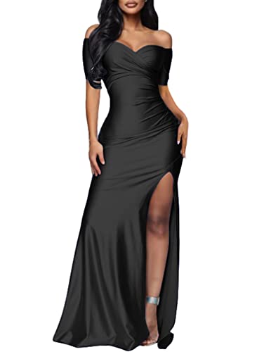 Image of GOKATOSAU Women's Formal Off Shoulder Short Sleeve Wrap Split Elegant Long Maxi Dress Black