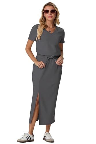 Image of GRECERELLE Women Summer Casual 2 Piece Sets V-Neck Wrinkle-Free Top & Elastic Waist Midi Side Slit Skirt with Pockets