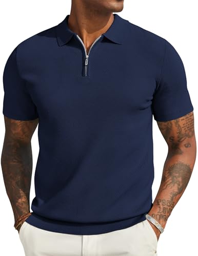 COOFANDY Mens Knit Polo Shirts Short Sleeve Quarter Zip Polo Shirt Classic Fit Vacation Shirts Navy Blue