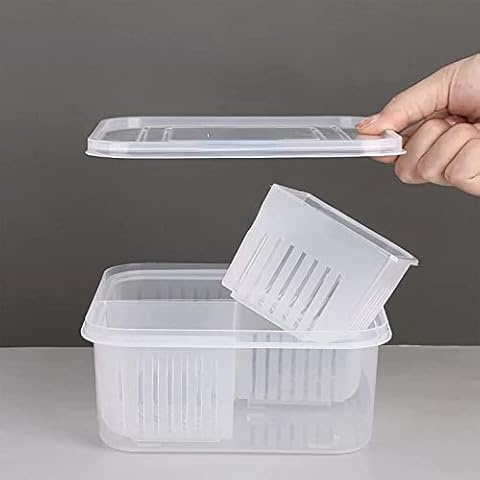 MANMAOHE Partitioned Refrigerator Food Fresh Box with Drain Basket Plastic Fresh Saver Containers with Lid Fridge Storage Bins for Fruit Vegetable, White Cover